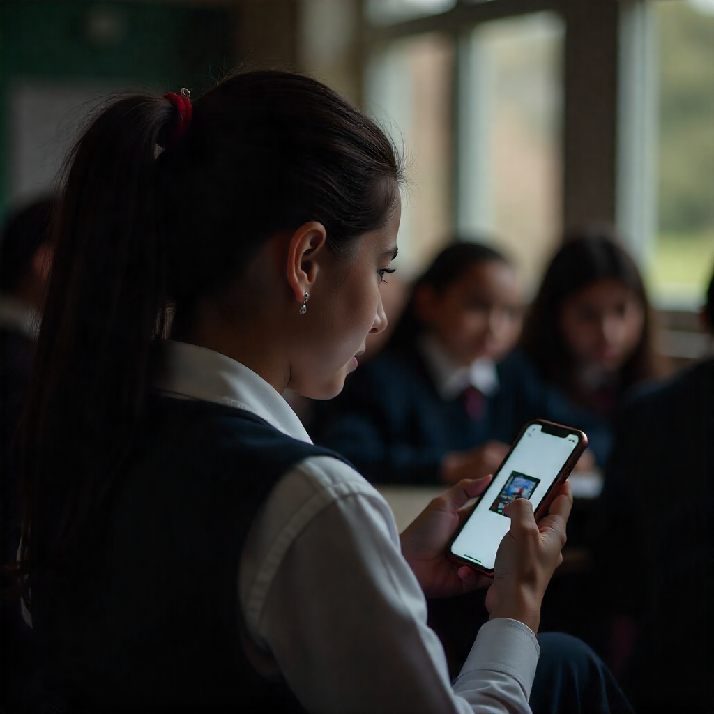 school student watching mobile in school